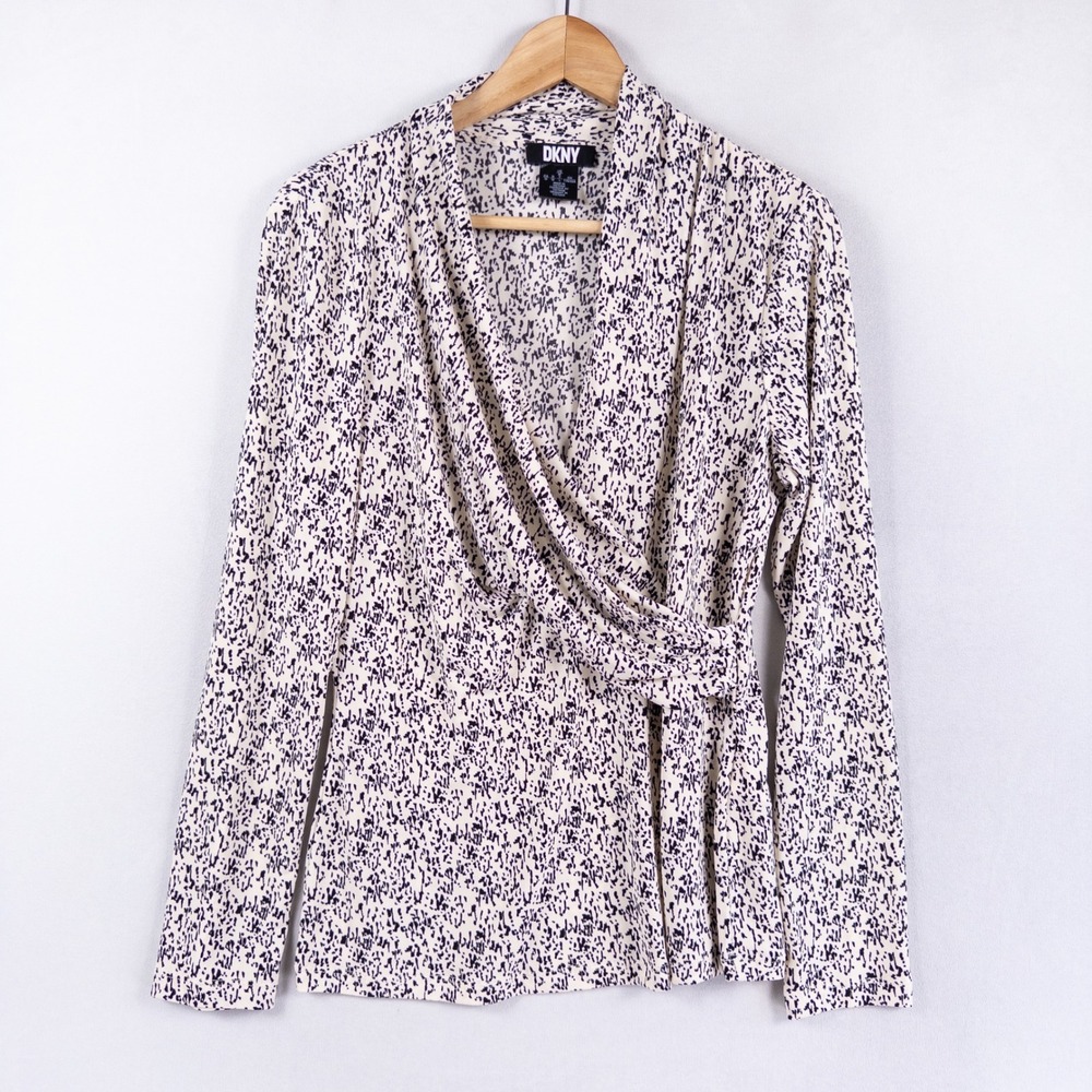 DKNY Womens Top M Cream Black Abstract Print Long Sleeve Surplice Faux Wrap
